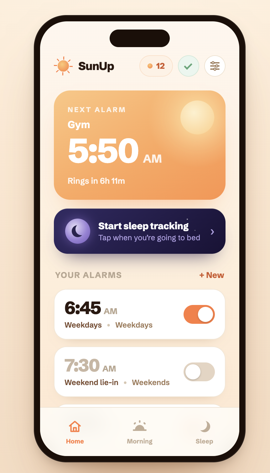 SunUp home screen showing the next alarm and alarm list