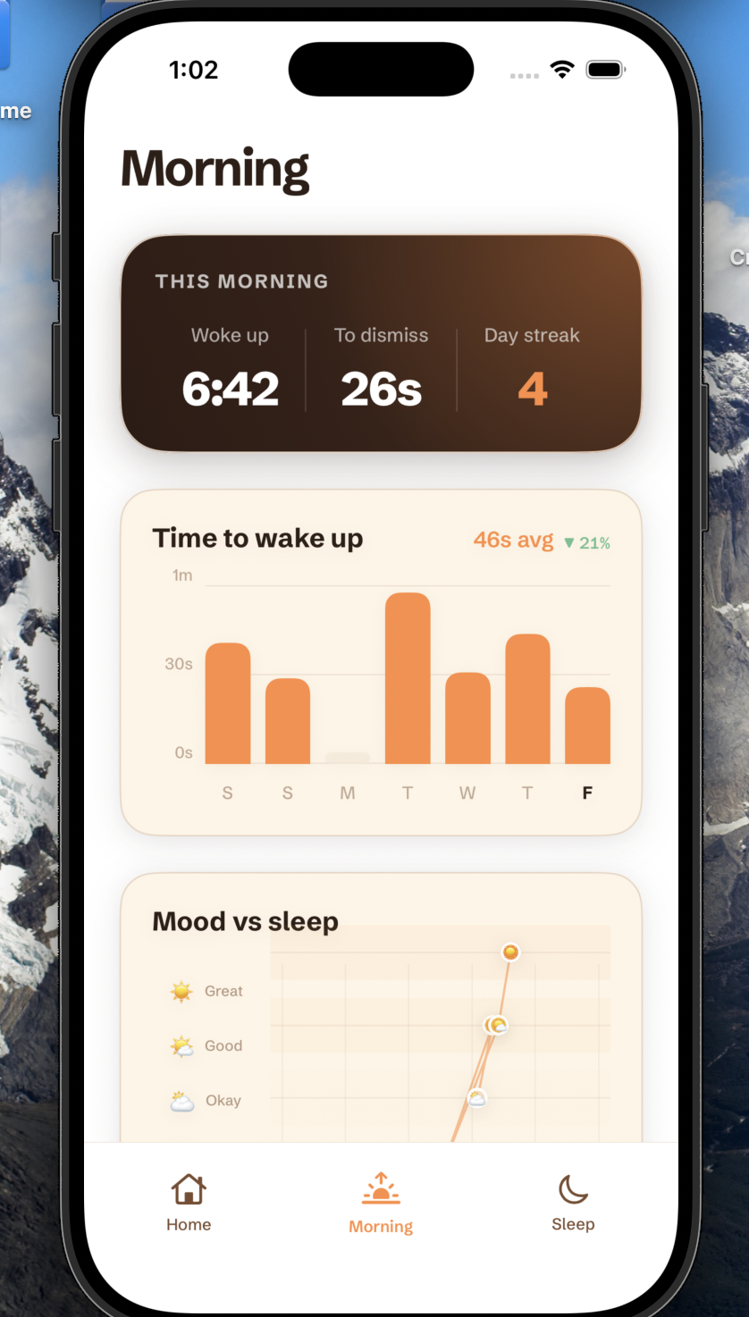 SunUp Morning tab with wake time, time-to-wake chart, and mood versus sleep