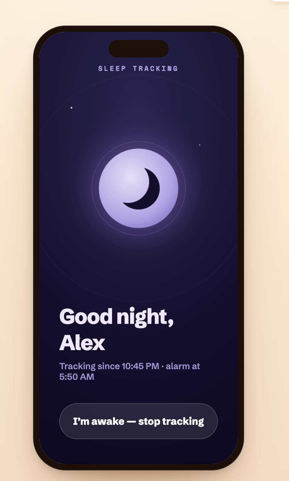 SunUp sleep tracking — good night screen with the glowing moon