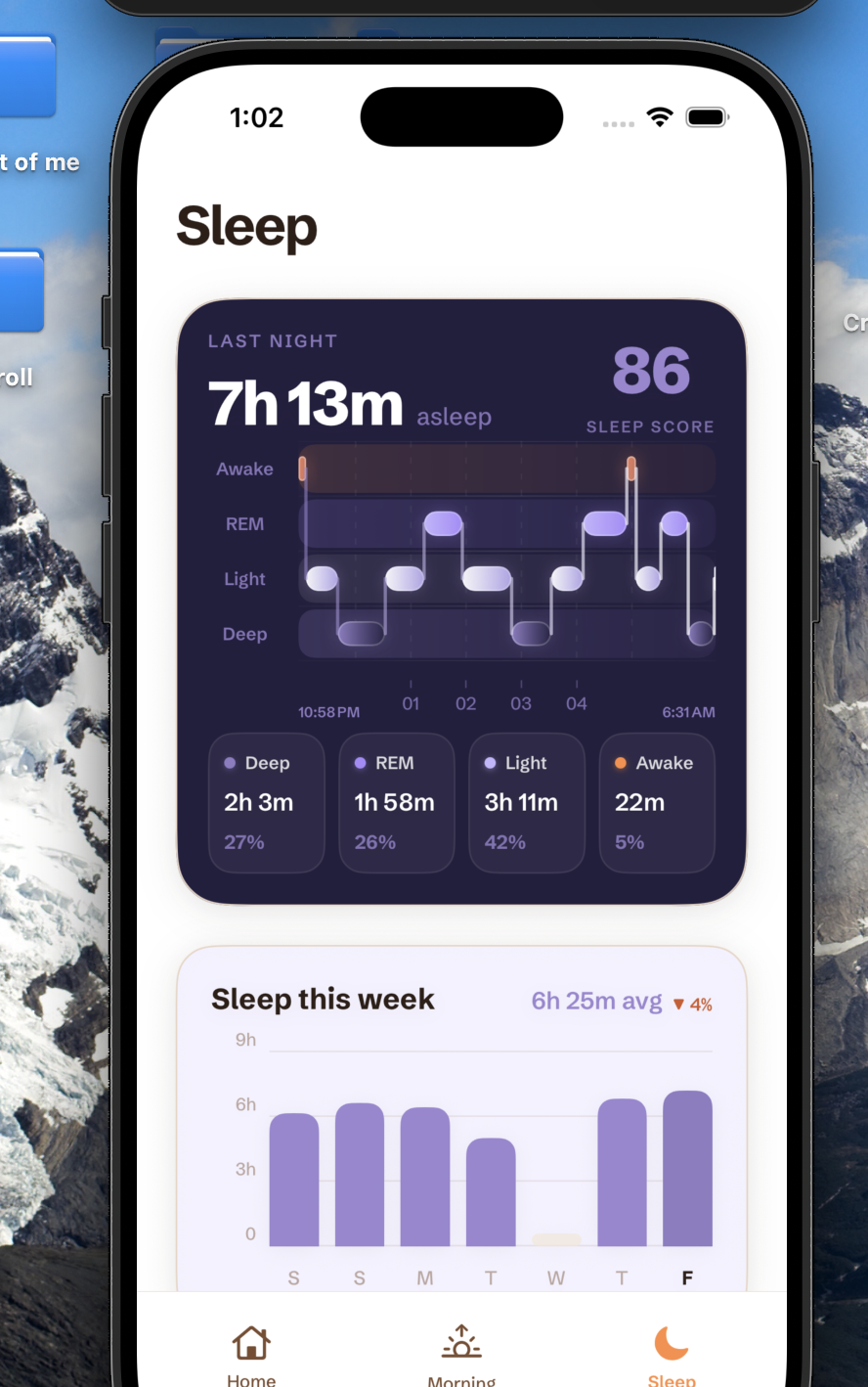 SunUp Sleep tab showing sleep score and stage hypnogram
